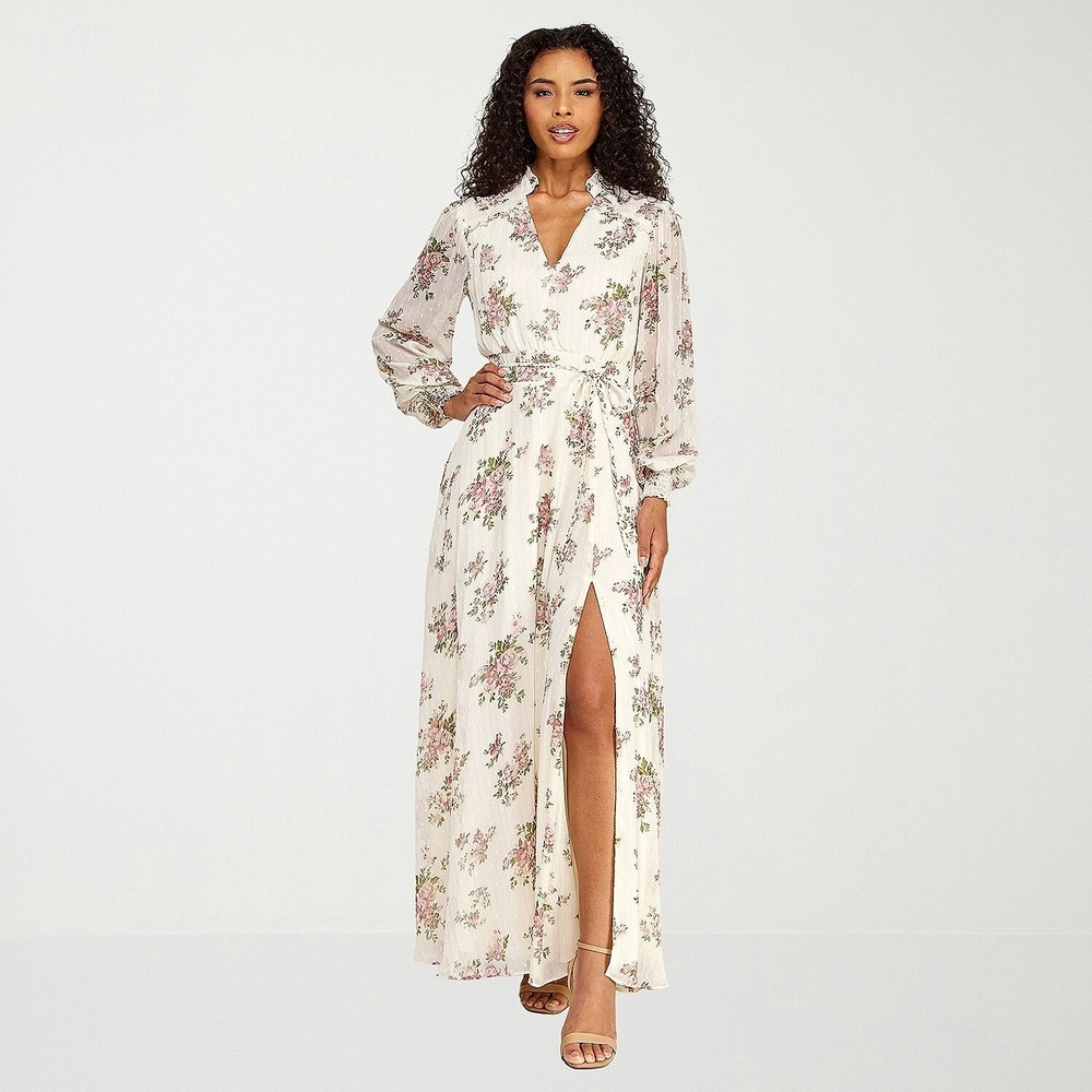 MSRP $99 Premier Amour Womens 8 Cream Blush Puffed Chiffon Maxi Dress V Neck
